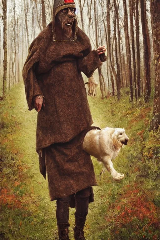 Prompt: slavic dog head man, woolen torso in medieval clothes, by whimmy artstation, walking in the forest, orthodox saint christopher, oil painting, concept art, hyperrealism, beautiful, high resolution, trending on artstation,