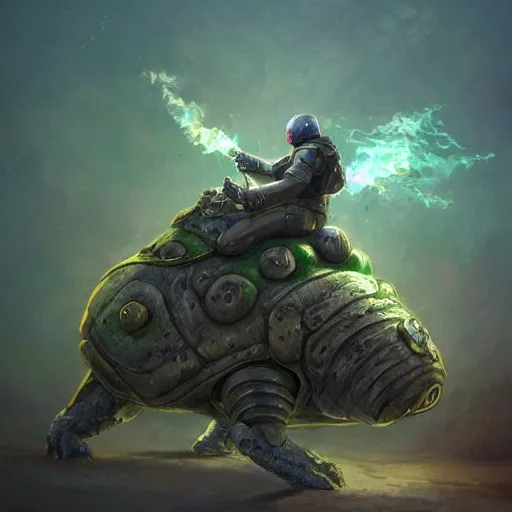 Image similar to A man in armour riding a giant tardigrade into battle, fantasy art, green hills, beautiful, trending on artstation, digital art