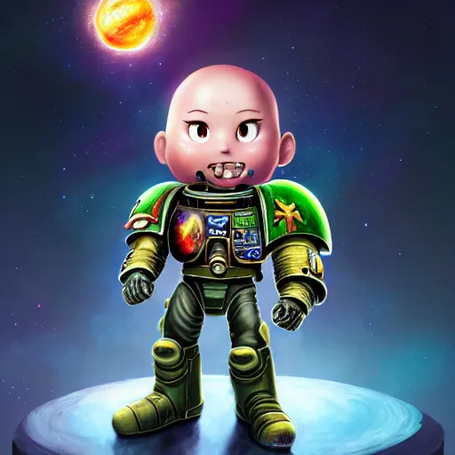 Prompt: an epic chibi comic book style portrait painting of a space marine, character design by mark ryden and pixar and hayao miyazaki, unreal 5, daz, hyperrealistic, octane render, cosplay, rpg portrait, dynamic lighting, intricate detail, harvest fall vibrancy, cinematic