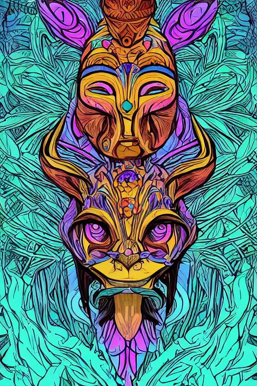 Image similar to animal mask totem roots flower tribal feather gemstone plant wood rock shaman vodoo video game vector cutout illustration vivid multicolor borderlands comics by josan gonzales and dan mumford radiating a glowing aura