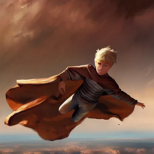 Image similar to blonde boy wearing a brown cape and flying in t pose, closeup, powerful, space background, oil painting, brush strokes, greg rutkowski