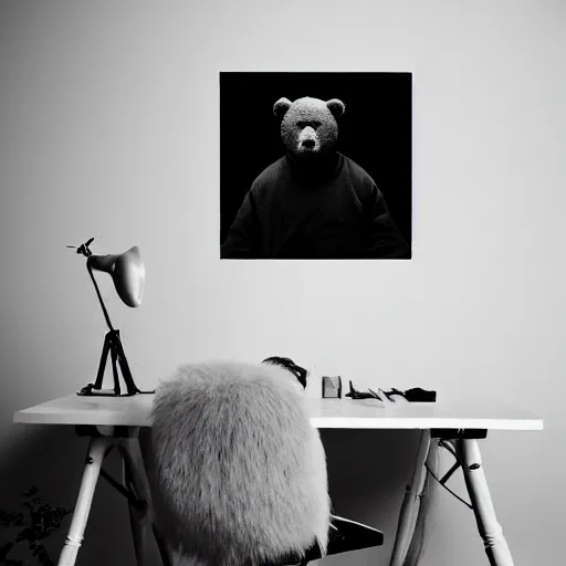 Image similar to a ( ( chiaroscuro lighting portrait ) ) of kanye west dressed as teddy bear mascot, ( ( black background ) ), portrait by julia margaret cameron, shallow depth of field, 8 0 mm, f 1. 8