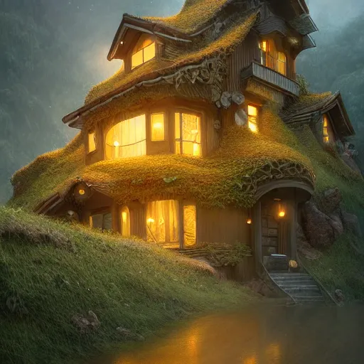 Image similar to small hillside house made of honey and milk, modern lighting, hyper - detailed, 8 k, octane rendered, art nouveau, organic, flowing, impossible torsion, writhing, dusk, lush, dynamic, in the style of ross tran and jean baptiste monge