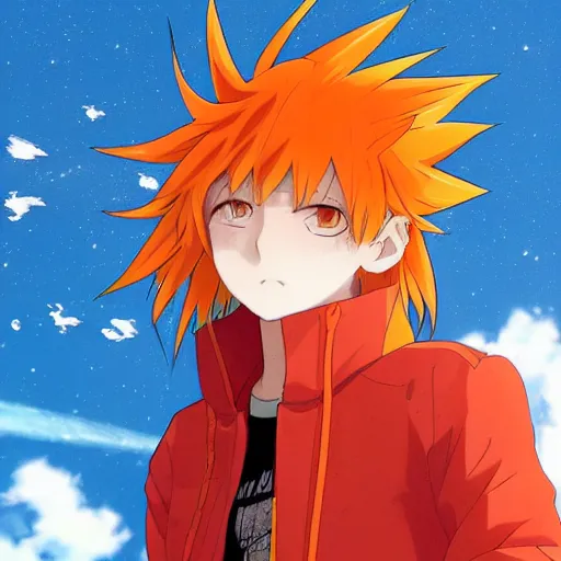 Image similar to orange - haired anime boy, 1 7 - year - old anime boy with wild spiky hair, wearing red jacket, flying through sky, ultra - high jump, late evening, blue hour, cirrus clouds, pearly sky, ultra - realistic, sharp details, subsurface scattering, blue sunshine, intricate details, hd anime, 2 0 1 9 anime