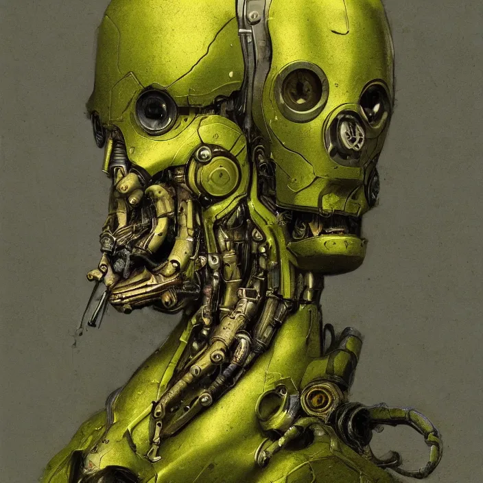 Image similar to portrait of an chartreuse ultron from age of ultron, clockwork steampunk, dieselpunk, head and chest only, by beksinski, 4 k, deviantart, trending on artstation