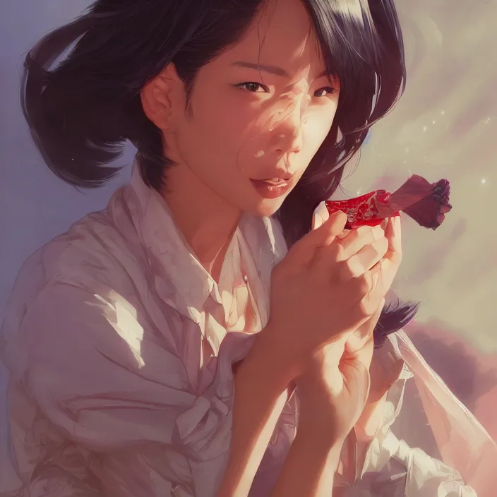 Image similar to asian girl eating a ritz cracker by artgerm, tooth wu, dan mumford, beeple, wlop, rossdraws, james jean, marc simonetti, artstation giuseppe dangelico pino and michael garmash and rob rey and greg manchess and huang guangjian and makoto shinkai