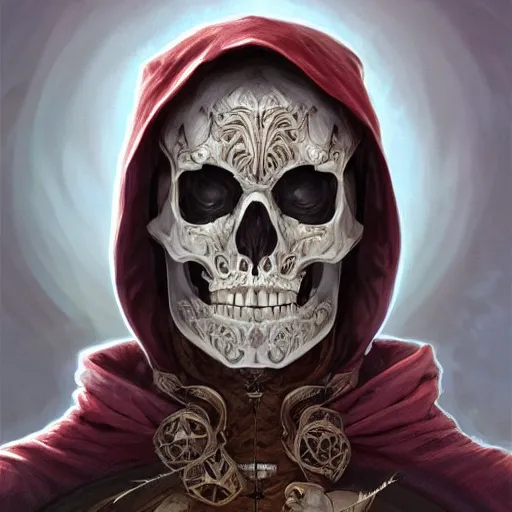 Image similar to portrait of archmage skeleton in a hoodie, d & d, face, fantasy, intricate, elegant, highly detailed, digital painting, artstation, concept art, smooth, sharp focus, illustration, art by artgerm and greg rutkowski and alphonse mucha