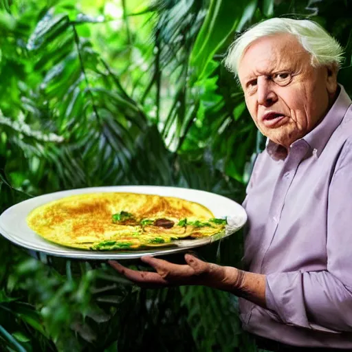 Image similar to David Attenborough looking at an omelette in a jungle while narrating, still, photograph