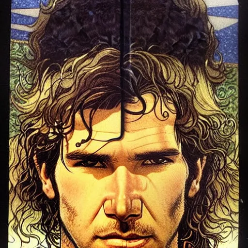 Prompt: a realistic, very beautiful and atmospheric portrait of young harrison ford as a druidic warrior wizard looking at the camera with an intelligent gaze by rebecca guay, michael kaluta, charles vess and jean moebius giraud