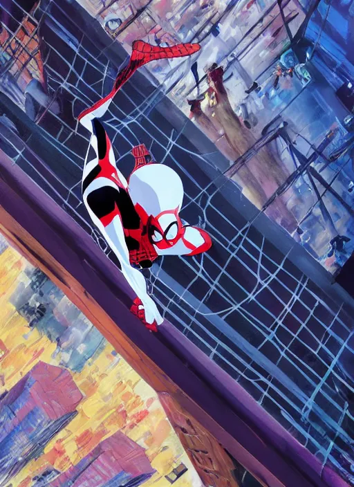 Image similar to spider - man into the spider - verse ( 2 0 1 8 ) anime key visual concept art of spider gwen standing on a balcony in new york city, golden rays, by ashley wood, yoji shinkawa, alberto mielgo, 6 0's french movie poster, french impressionism, vivid colors, palette knife and brush strokes, fish eye lens