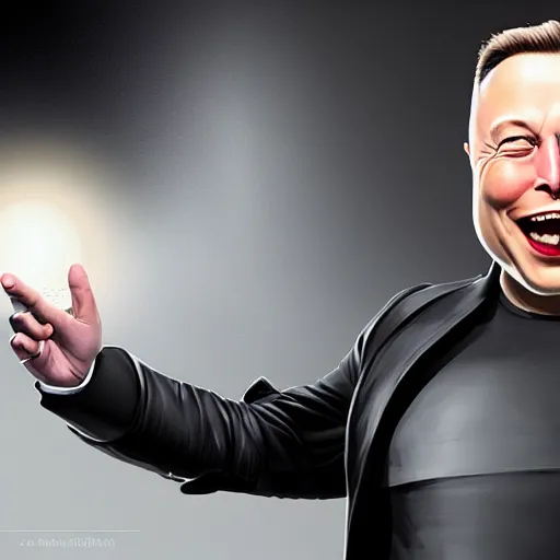 Image similar to Elon Musk as a laughing Dr Evil with his little finger pointed at his mouth, portrait, sharp focus, digital art, Hyper-realistic, 4K, Unreal Engine, Highly Detailed, HD, Dramatic Lighting by Brom, trending on Artstation