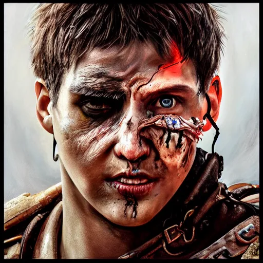 Image similar to realistic portrait painting w. ith hysterical bts member as mad max, made by michelangelo, physical painting, sharp focus, digital art, bright colors, fine art, trending on artstation, unreal engine.