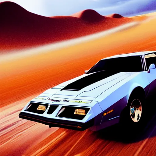 Prompt: hyperdetailed, photorealistic photograph of a 1 9 8 2 pontiac firebird trans - am driving in the desert, rain, night, dense fog, hd, unreal engine 5 by greg rutowski, by stanley artgerm, by alphonse mucha