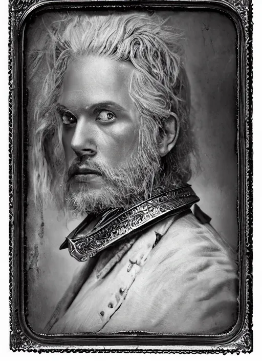 Image similar to old wetplate daguerreotype frame portrait of a futuristic silver armored king arthur with white hair and beard emperor district 9 cyborg, fractal, intricate, elegant, highly detailed, subsurface scattering, by jheronimus bosch and greg rutkowski and louis jacques mande daguerre