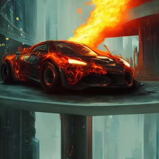 Image similar to { cyberpunk car on fire in the middle of the woods }, stylized, artgerm, artstation, hd, cgsociety, cgi, realistic, dramatic, cinematic, artistic, trending, detailed