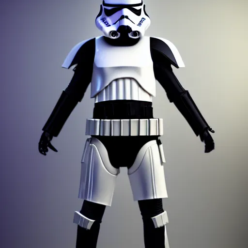 Image similar to candypunk storm trooper, character design, high quality digital art, render, octane, redshift, volumetric lighting, oled