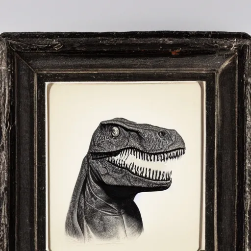 Prompt: a mid 1 8 th century, black and white photograph of a t - rex, portrait, highly detailed