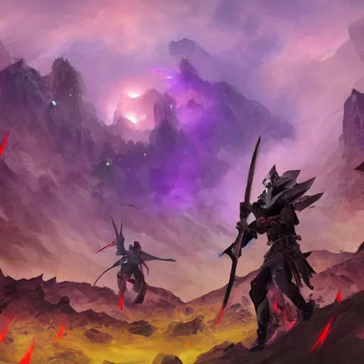 Prompt: a duel between 2 ninja armies standing in the ruins of crux prime, destroyed monastery, purple fiery maelstrom in the distance, digital art, artstationhq