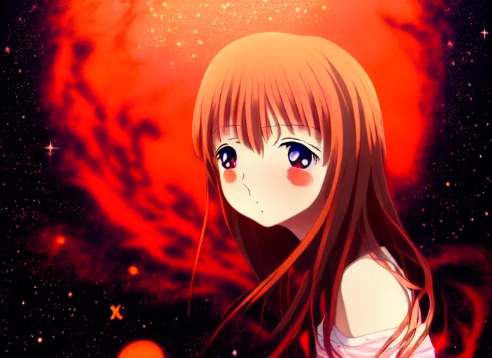 Prompt: anime portrait of a young girl floating inside a nebula, outlined,masakazu katsura, tsuruta kenji, murata range,kawaii, kyoto animation, manga, intricate, detailed, studio lighting, orange red black white, gradation,editorial illustration, matte print, Ilya Kuvshinov