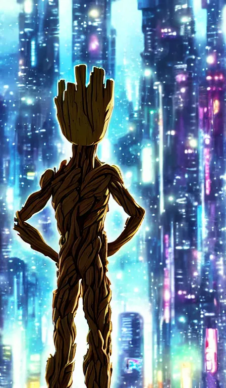 Image similar to anime fine details portrait of Groot in front of cyberpunk moder city landscape on the background deep bokeh, close-up view, anime masterpiece by Studio Ghibli. 8k, sharp high quality anime, artstation