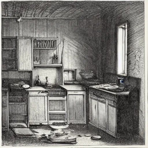 Image similar to kitchen of an abandonded house, illustration by Gustav Doré, Chiaroscuro