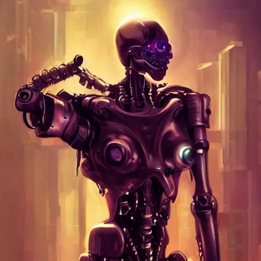 Image similar to skull - headed robot cyborg painting, illutstration, concept art, cyberpunk, futurism, comics art, artgerm, full body shot