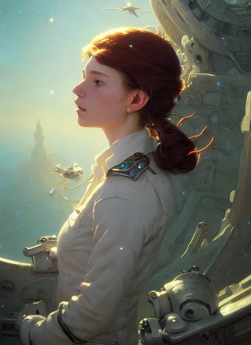 Image similar to highly detailed portrait of a female pilot, cracked porcelain skin, stephen bliss, unreal engine, fantasy art by greg rutkowski, loish, rhads, ferdinand knab, makoto shinkai and lois van baarle, ilya kuvshinov, rossdraws, tom bagshaw, alphonse mucha, global illumination, radiant light, detailed and intricate environment