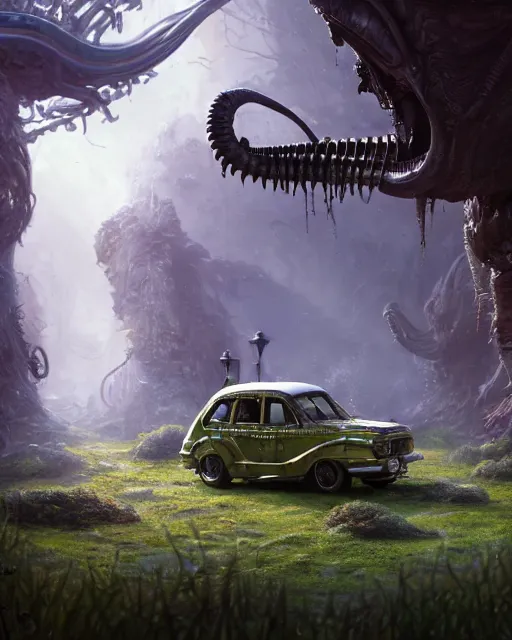 Image similar to xenomorph taxi car in a fantasy village, calming, uplifting mood, ultra realistic, farm, small buildings, highly detailed, atmosphere, masterpiece, epic lighting, elves, green plants, magic, illuminated, 4 k, cinematic, morning sun, art by eddie mendoza and sylvain sarrailh and jonathan berube