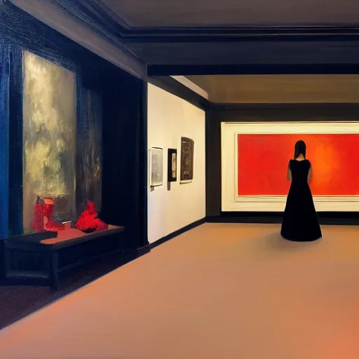 Image similar to a gorgeous woman with a black dress waiting inside a 9 0 s art gallery exhibition, colors americana, cinematic, volumetric lighting, ultra wide angle view, realistic, detailed painting in the style of edward hopper