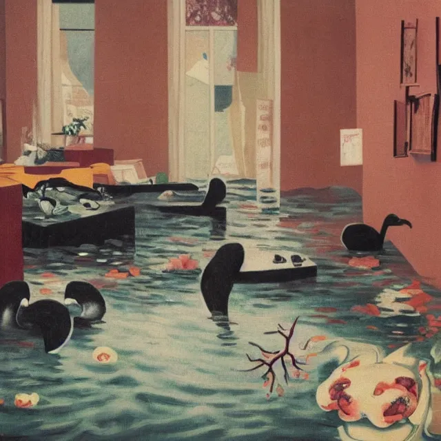 Image similar to tall female emo artists in their flooded apartment, painting of flood waters inside an artist's home, a river flooding indoors, pomegranates, pigs, ikebana, zen, water, octopus, river, rapids, waterfall, black swans, canoe, berries, acrylic on canvas, surrealist, by magritte and monet