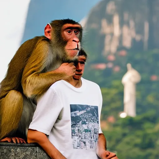 Image similar to high quality portrait of a monkey in front of Christ The Redeemer, studio photograph, photograph, realistic photo, 8k photo, 4k photo, stock photo, high resolution, cinematic shot, high detail