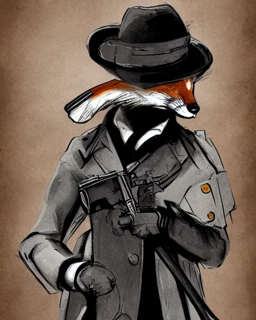 Image similar to a fox wearing a black trench - coat holding a mini - gun, comic art style, digital art,