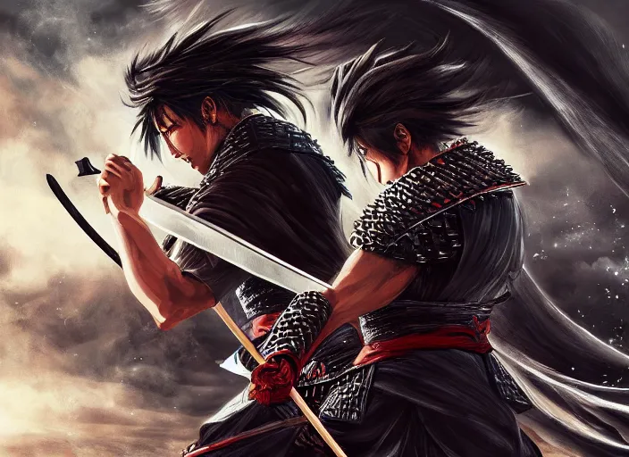 Image similar to a samurai clashes swords with an arabic god creature, digital painting masterpiece, advanced lighting technology, hyperrealistic intense cinematic detail, beautiful, gorgeous, intricate brush strokes, 4 k wallpaper, inspired by sword of the berserk, realistic anatomy and faces