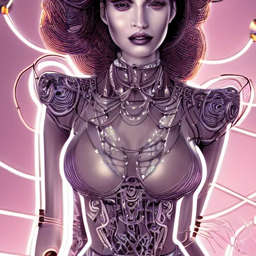 Image similar to the portrait of an absurdly elegant, sophisticated, fashionable ottomanpunk robotess idol, an ultrafine illustration of young african megan fox mix by kim jisu, intricate linework, neon wiring, fashion, porcelain skin, unreal engine 5 highly rendered, global illumination, radiant light, detailed and intricate environment, by rutkowski, artgerm, marvel comics