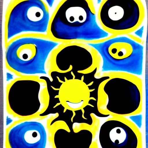 Image similar to a sun cute sun smiling with one tooth in color scheme black and blue