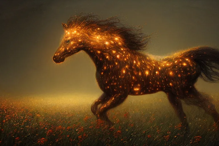 Image similar to a stunning digital painting of a horse made of instricately engraved gnarled wood with a mane of bioluminescent flowers running through a field of flowers by greg rutkowski, flowercore, volumetric light, digital art, fine detail, photorealistic