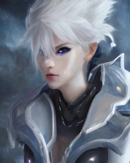 Image similar to perfect white haired girl, warframe armor, beautiful, dreamy, half asian, pretty face, blue eyes, detailed, windy weather, scifi, utopian architecture, laboratory, 4 k, ultra realistic, epic lighting, cinematic, high detail, masterpiece, art by akihito tsukushi, akasuki voidstar