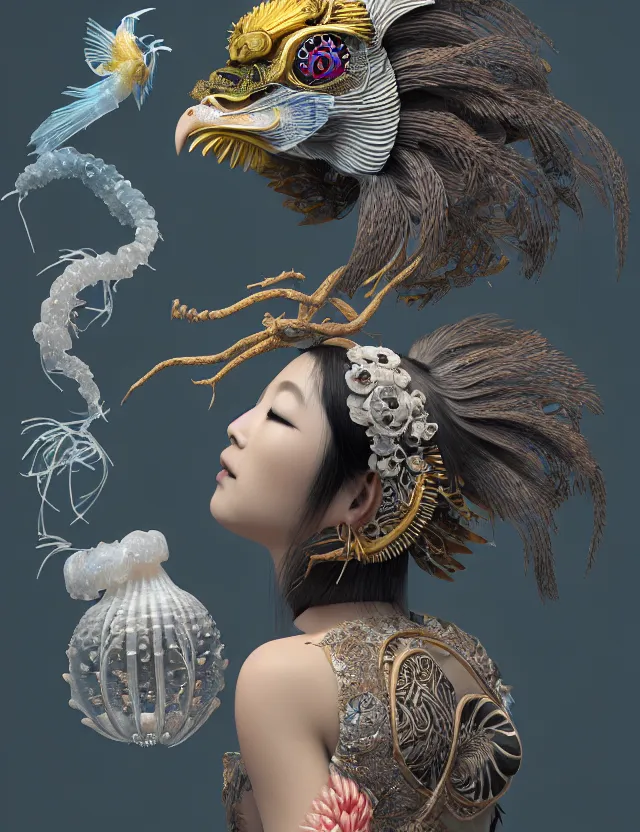 Image similar to 3 d goddess bottom - up with ram skull. beautiful intricately detailed japanese crow kitsune mask and clasical japanese kimono. betta fish, jellyfish phoenix, bio luminescent, plasma, ice, water, wind, creature, artwork by tooth wu and wlop and beeple and greg rutkowski