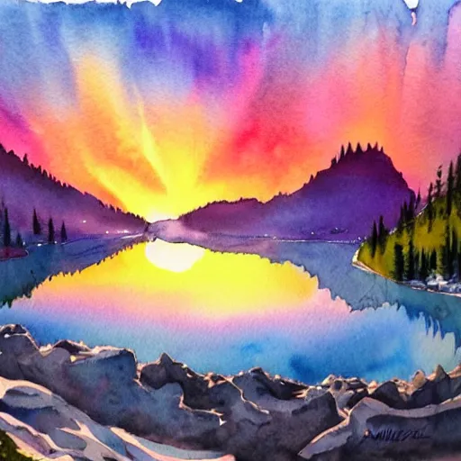 Prompt: alpine lake. bautiful sunrise. watercolor. trending on artstation