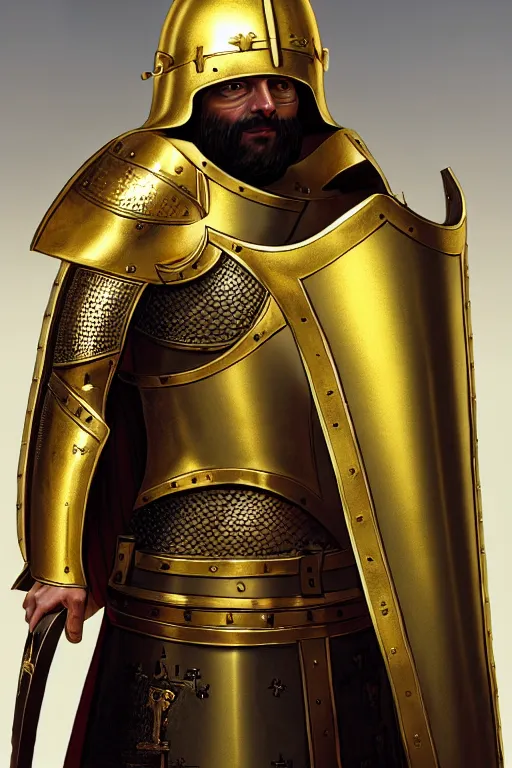 Prompt: man looking forward in iron decorated with gold baroque style christian crusader armor, cylindrical helmet covering all his head decorated with golden cross on front it's front and white cape covering most of his body standing at the gates of jerusalem drawn by greg rutkowski realistic high detail