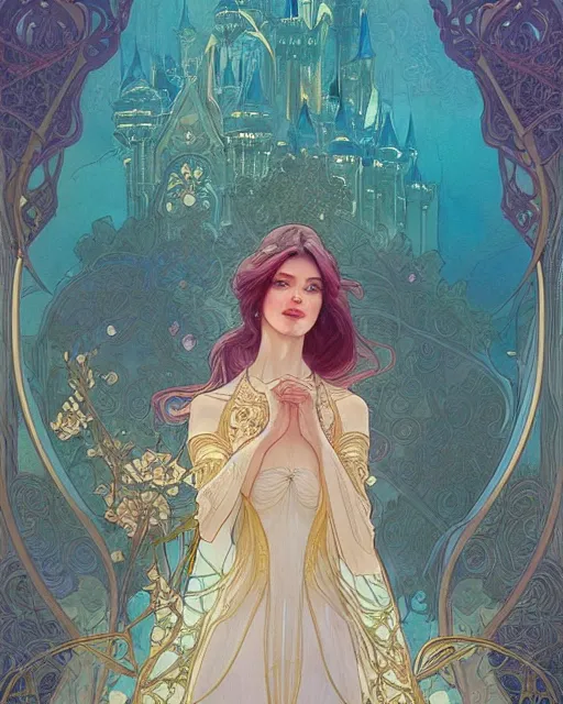 Image similar to secret romance, highly detailed, very intricate, art nouveau, gold filigree, romantic storybook fantasy, soft cinematic lighting, award - winning, disney concept art watercolor illustration by mandy jurgens and alphonse mucha and alena aenami, pastel color palette, featured on artstation