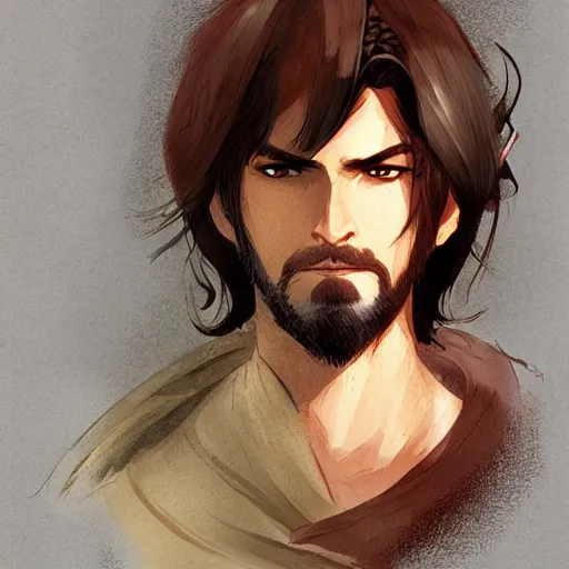 Image similar to a brown haired young swordsman with a short beard in the style of marc simonetti