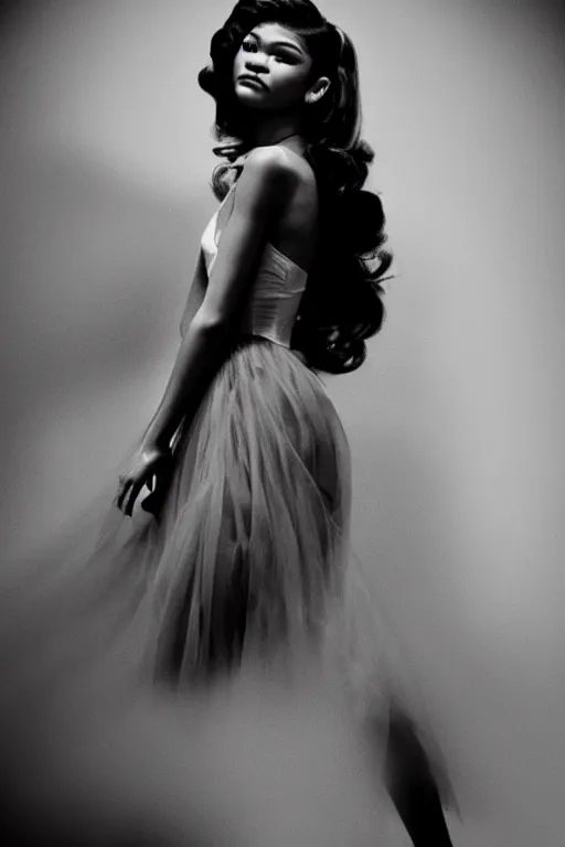 Image similar to zendaya in a dress doing a pin up pose, dark room, cinematic, volumetric lighting, hyperdetailed photograph