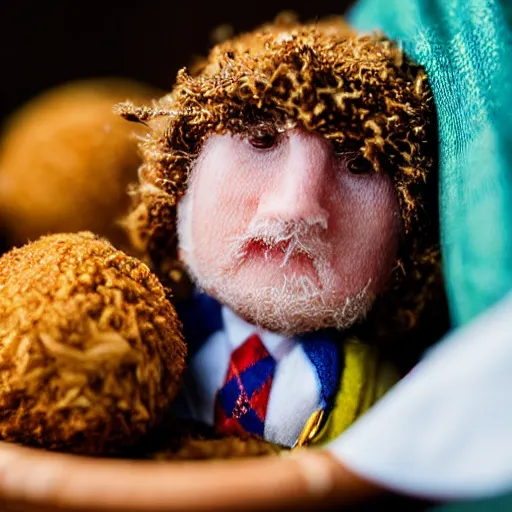 Image similar to close up photo of a miniature Scottish man in a kilt inside of a Scotch egg