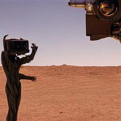 Prompt: a friendly alien, in the desert, spaceship in background, arriflex lens