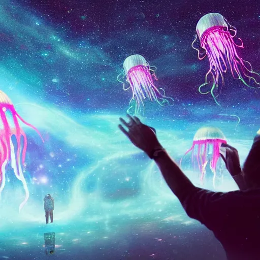 Image similar to over the shoulder photo of a man watching a magic glowing jellyfish in glowing cosmic stardust, colorful stars, galaxies, space, award winning photo, intricate, high detail, atmospheric, desolate, artstation