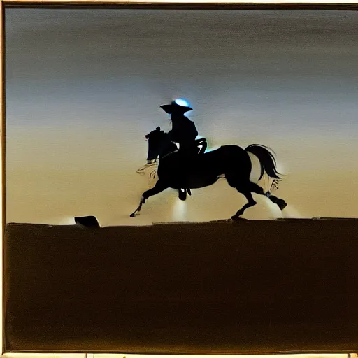Prompt: a painting of a silhouette of a cowboy riding a horse into the dark horizon, high contrast, black and blue color scheme, dark, creepy, night, far away, in the distance, in the style of Norman Rockwell
