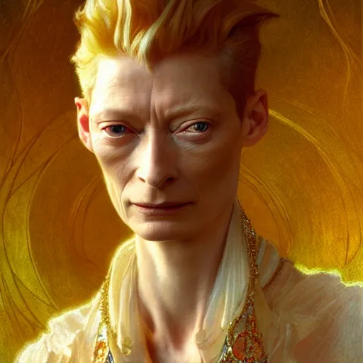 Prompt: tilda swinton as lucifer morningstar, natural lighting, path traced, highly detailed, high quality, digital painting, by gaston bussiere, craig mullins, alphonse mucha j. c. leyendecker