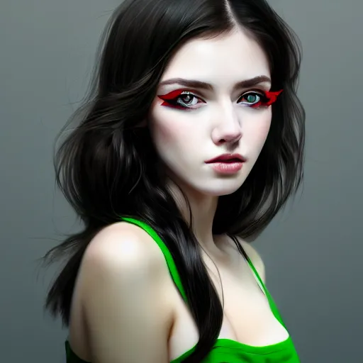 Image similar to a realistic illustration portrait of a beautiful cute girl with wavy black red hair, a pointy nose and, round chin black eyeliner, green welcoming eyes, trending on artstation, hyper - realistic lighting