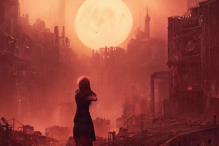 Prompt: a detailed illustration of a lonely girl against the background of a ravaged city and a red moon, artstation, by Frederik Heyman, sophisticated, Unreal engine, dystopia, anti-utopia, post processing, nostalgic melancholic artwork, intricate